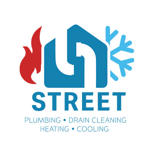 Street Plumbing Inc. logo — blue house with plumbing, heating flame, and cooling snowflake icons
